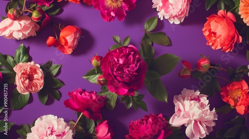 big flying roses and peonies pattern in dark burgundy and dark fuchsia pink colors on a dark purple solid color background