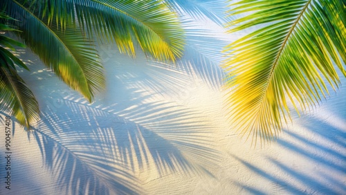 Vibrant blurred palm leaf shadows dance across a pristine white canvas, evoking the warmth and serenity of a sun-kissed summer afternoon in tropical paradise.