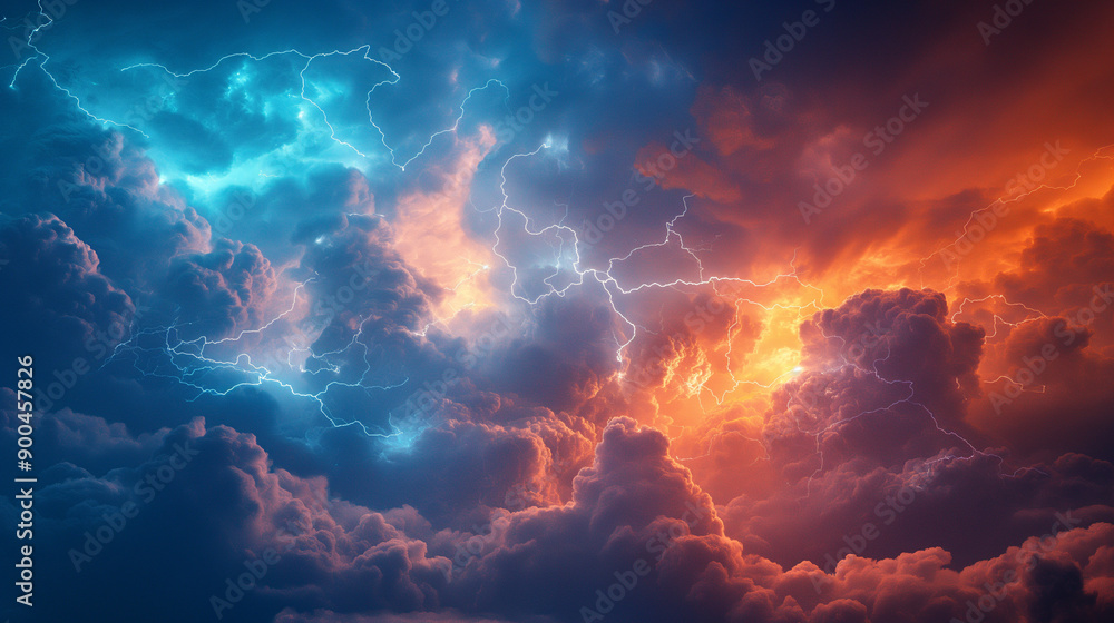 intense sky filled with billowing clouds. These clouds are a mix of deep blues and fiery oranges, suggesting a contrast between calm and turmoil intense sky filled with billowing clouds. These clouds are a mix of deep blues and fiery oranges, suggesting a contrast between calm and turmoil