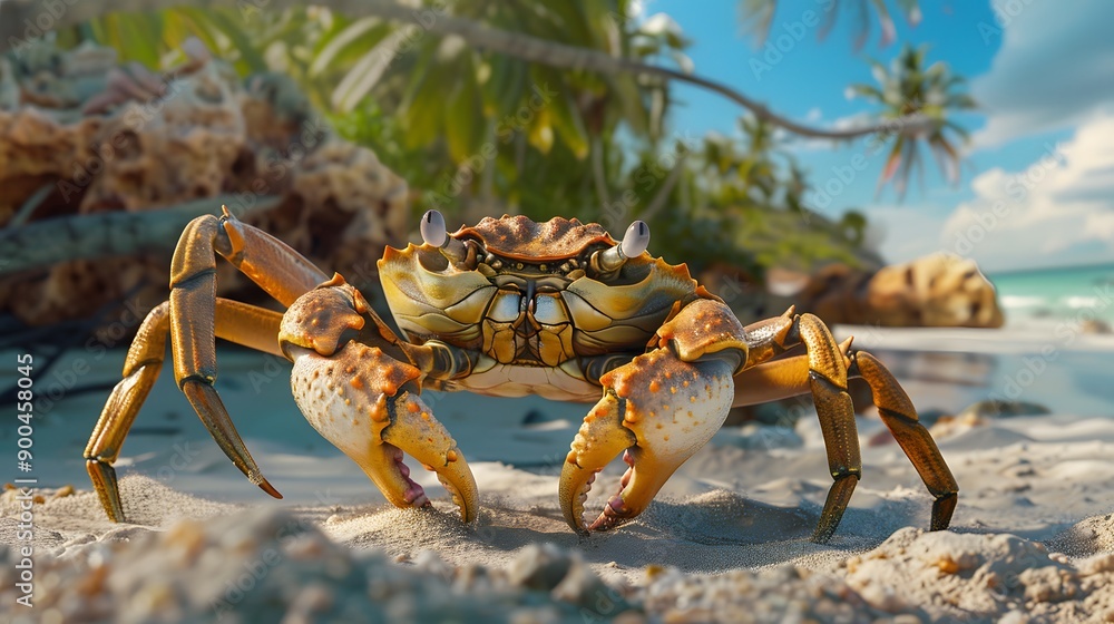 Close up photo, front view of a big crab standing on the sand of a beach. Close up photo, front view of a big crab standing on the sand of a beach.