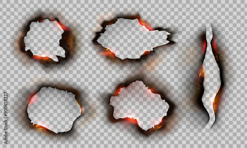 Burning paper edges isolated on transparent background. 3D realistic burnt effect wholes with flame and ash.