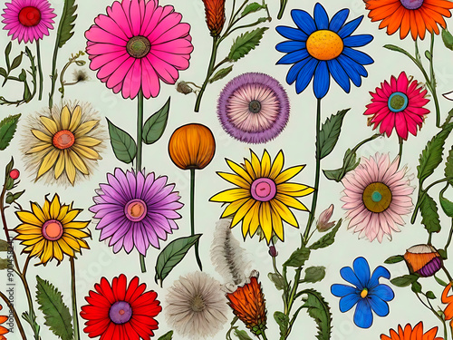 Wallpaper Mural Colorful vintage floral pattern, girly flowers summer meadow aesthetic illustration Torontodigital.ca