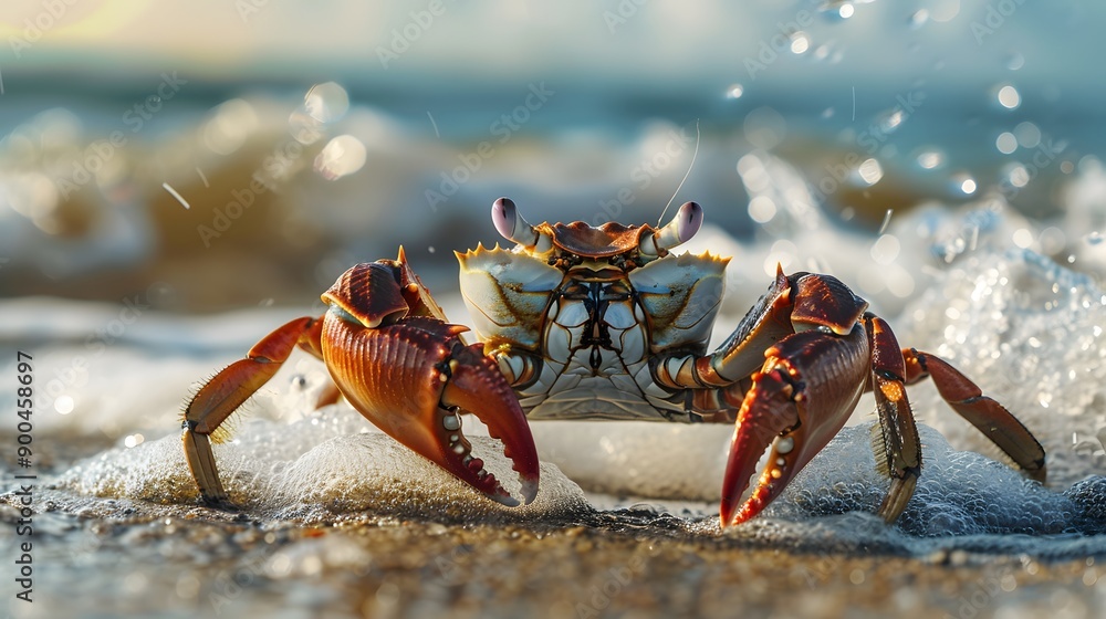 Close up photo, front view of a big crab standing on the sand of a beach. Close up photo, front view of a big crab standing on the sand of a beach.