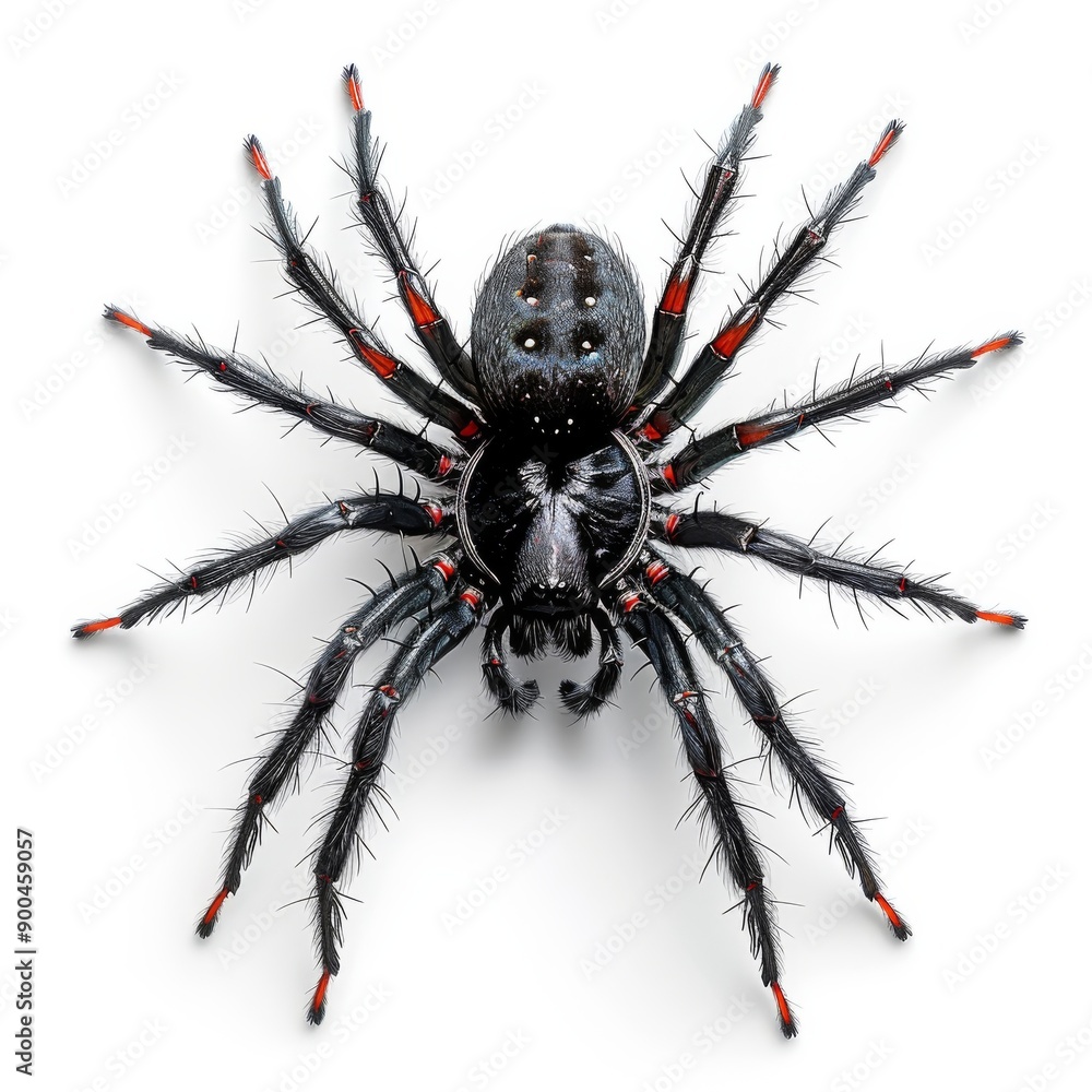 Obraz premium Close-up of black spider with red markings on a white background.