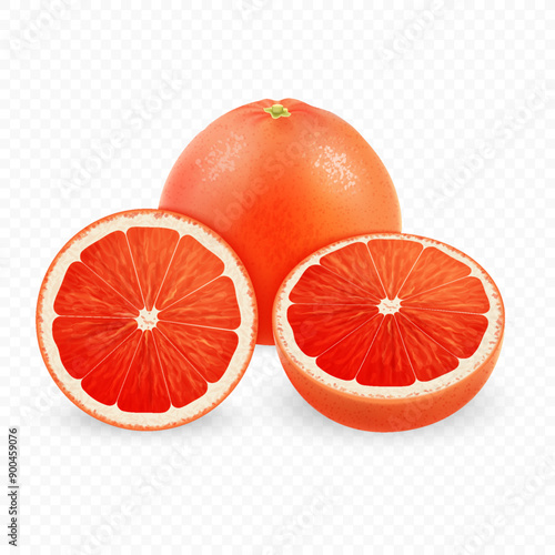Set of 3d vector realistic vector grapefruit whole, piece and slice isolated on white background.