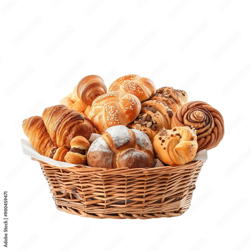 Delicious pastries and breads placed in basket isolated on transparent or white background Delicious pastries and breads placed in basket isolated on transparent or white background