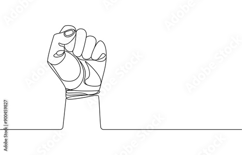 Happy Labour Day simple vector web banner. Hand, first and wrench. Lettering Labour Day. Minimalist background, banner, poster, Labour day one line drawing. Hand continuous drawn celebration.