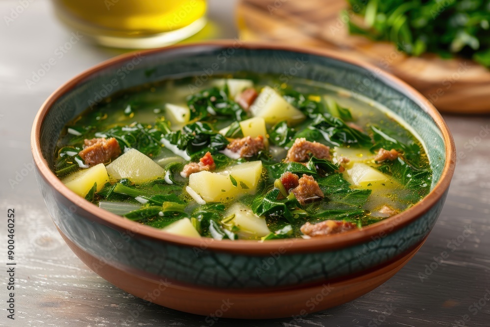 A bowl of caldo verde, a hearty green soup made with collard greens, potatoes, and chorizo, garnished with olive oil. A bowl of caldo verde, a hearty green soup made with collard greens, potatoes, and chorizo, garnished with olive oil.
