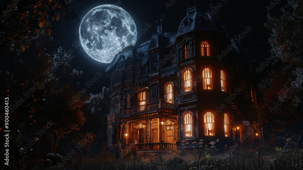 Spooky victorian haunted house is standing in the woods at night with glowing windows under a full moon Spooky victorian haunted house is standing in the woods at night with glowing windows under a full moon
