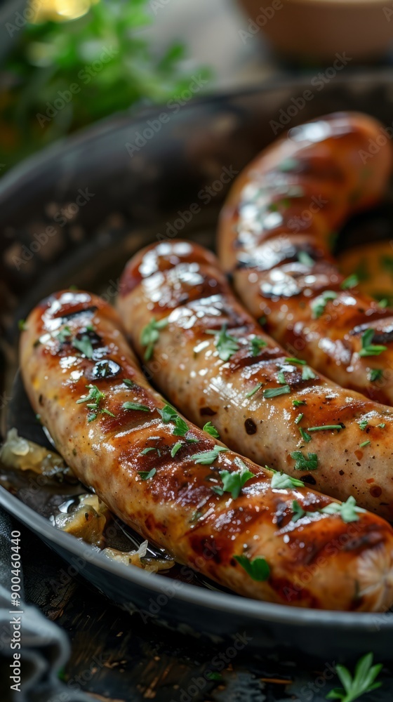 Plate of delicious grilled sausages served with mustard and sauerkraut. Plate of delicious grilled sausages served with mustard and sauerkraut.