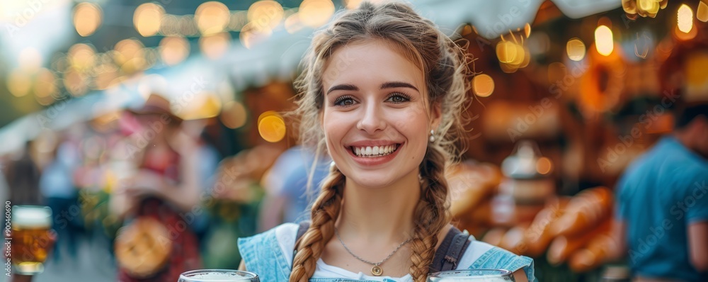 Woman in traditional dress carrying pretzels and beer steins with a smile. Woman in traditional dress carrying pretzels and beer steins with a smile.