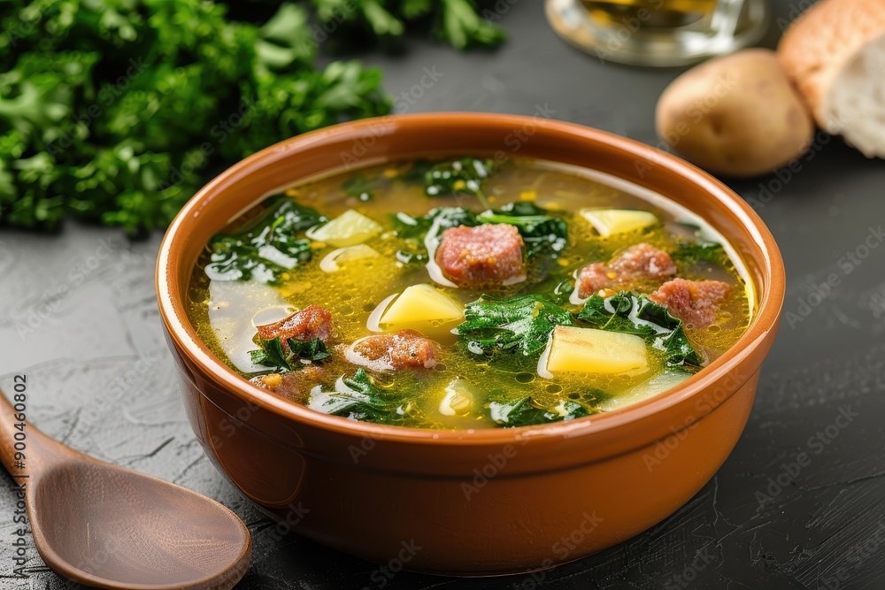 A bowl of caldo verde, a hearty green soup made with collard greens, potatoes, and chorizo, garnished with olive oil. A bowl of caldo verde, a hearty green soup made with collard greens, potatoes, and chorizo, garnished with olive oil.