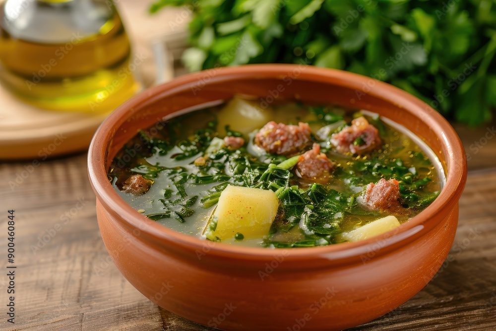 A bowl of caldo verde, a hearty green soup made with collard greens, potatoes, and chorizo, garnished with olive oil. A bowl of caldo verde, a hearty green soup made with collard greens, potatoes, and chorizo, garnished with olive oil.
