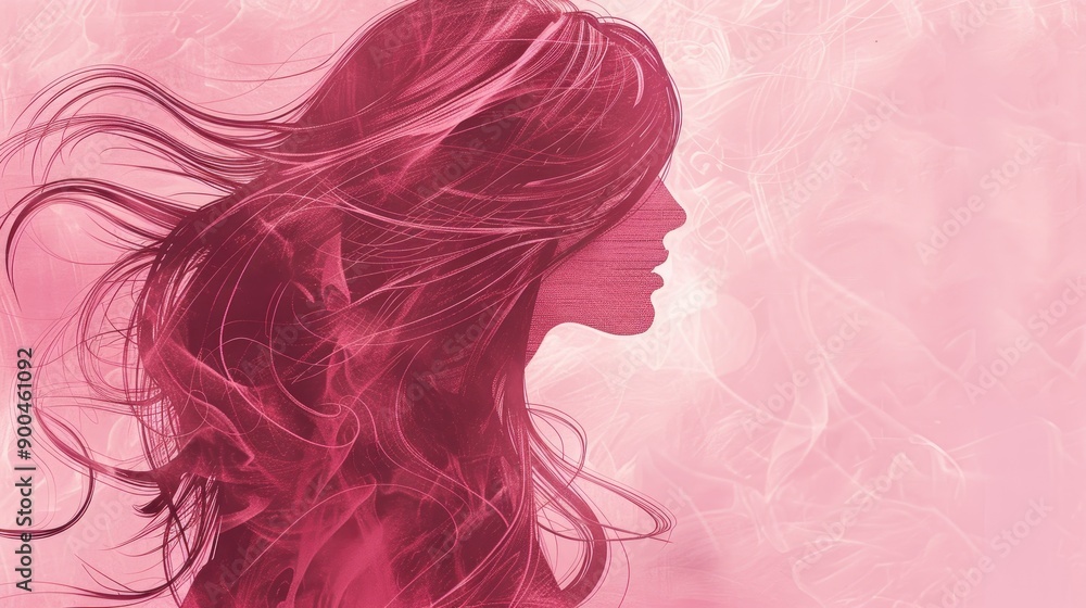 Artistic depiction of a faceless woman with long, wavy hair in dark pink, facing sideways, on a soft light pink abstract backdrop. Artistic depiction of a faceless woman with long, wavy hair in dark pink, facing sideways, on a soft light pink abstract backdrop.