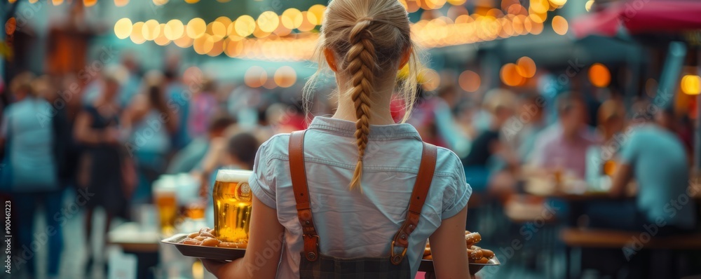 Woman in dirndl carrying a tray of pretzels and beers through the crowd. Woman in dirndl carrying a tray of pretzels and beers through the crowd.