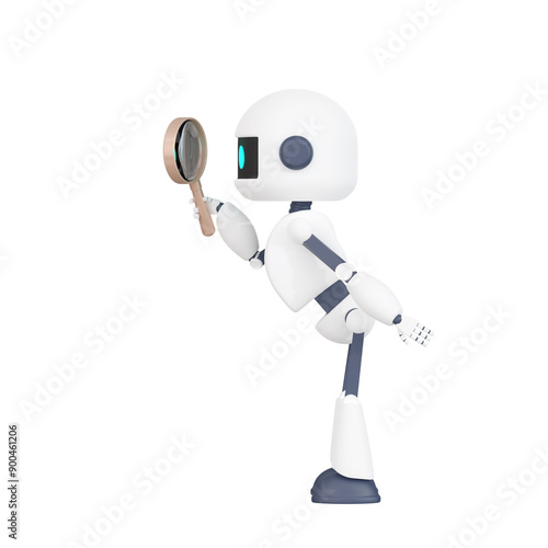 3DCG｜可愛いポーズで虫眼鏡を覗く人型ロボット