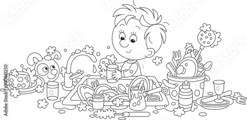 Household chores, a funny little boy washing dishes, pans, forks and spoons in a kitchen sink after a holiday dinner at home, black and white outline vector cartoon illustration for a coloring book