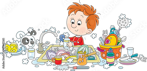Household chores, a funny little boy washing dishes, pans, forks and spoons in a kitchen sink after a holiday dinner at home, vector cartoon illustration isolated on a white background