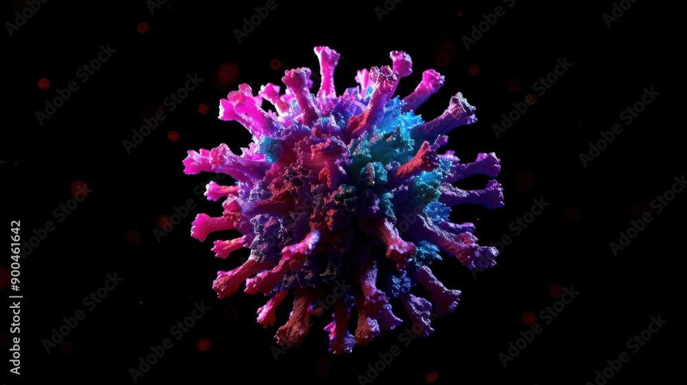Colorful 3D render of a virus against a dark background, showcasing intricate details, and vibrant hues, perfect for scientific and educational use. Colorful 3D render of a virus against a dark background, showcasing intricate details, and vibrant hues, perfect for scientific and educational use.