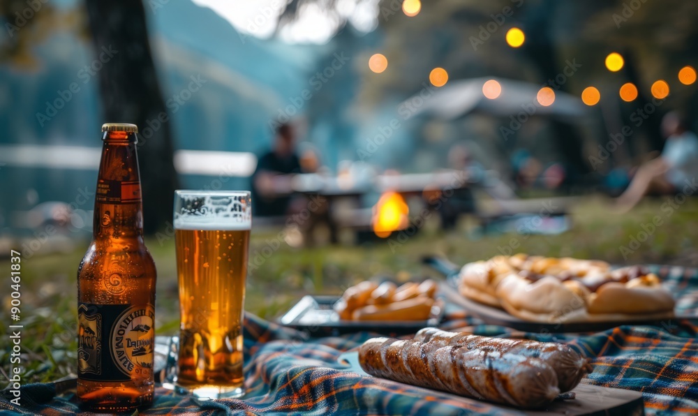 Picnic setting with beer, sausages, and a plaid blanket at the Oktoberfest festival. Picnic setting with beer, sausages, and a plaid blanket at the Oktoberfest festival.