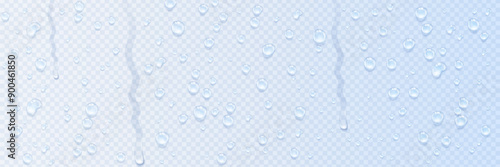 Realistic dripping drop flow down background. Rain drops on glass effect. Condensation water effect on transparent background.