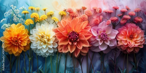 A beautiful arrangement of various flowers in full bloom, showcasing a gradient of colors from yellow and white to shades of orange, pink, and red, set against a soft, artistic background.

