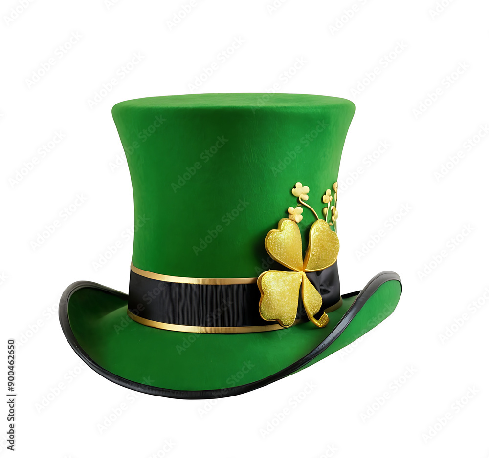 A classic green leprechaun top hat with gold buckle and shamrock, perfect for St. Patrick's Day celebrations, parties, or Irish-themed events.