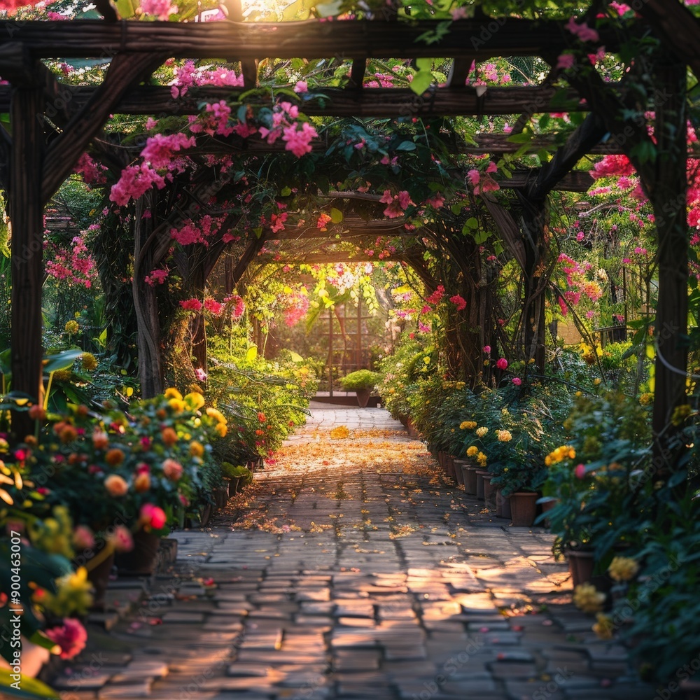 Obraz premium Tranquil Garden Oasis Bursting with Colorful Flowers