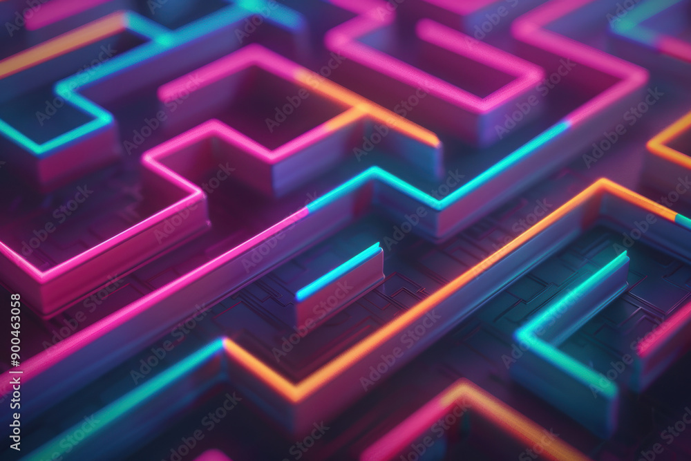 Futuristic neon maze with glowing pink and blue pathways, representing technology, complexity, and innovation. Perfect for digital and tech-themed projects. Futuristic neon maze with glowing pink and blue pathways, representing technology, complexity, and innovation. Perfect for digital and tech-themed projects.