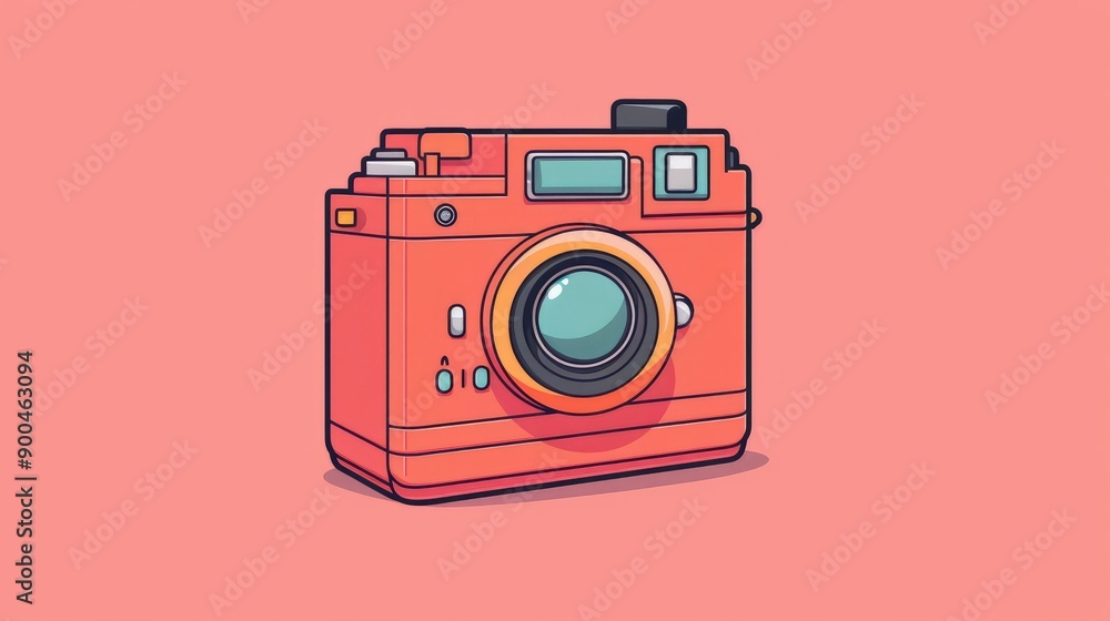 Fototapeta premium An orange camera with a black lens sits on a pink background.