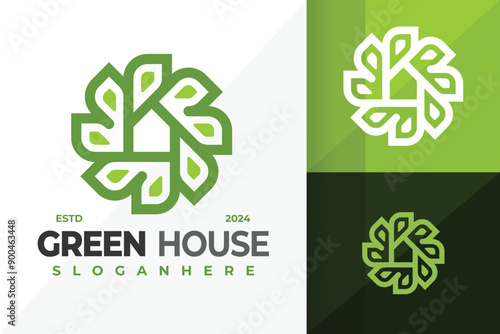 Green House Leaves Logo design vector symbol icon illustration