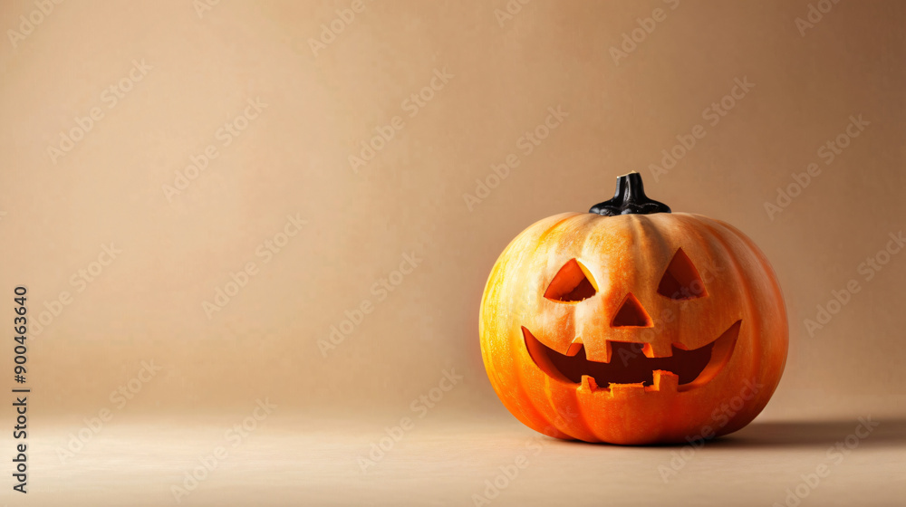 Jack-o'-lantern with a radiant grin is resting on a table, exuding the essence of halloween Jack-o'-lantern with a radiant grin is resting on a table, exuding the essence of halloween