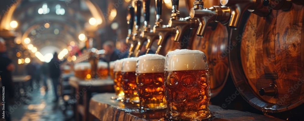 Wooden keg with beer tap pouring amber liquid into mugs amidst Oktoberfest celebrations. Wooden keg with beer tap pouring amber liquid into mugs amidst Oktoberfest celebrations.
