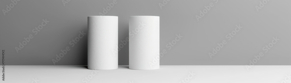 Minimalist still-life image of two white cylindrical objects on a plain background, perfect for modern design and aesthetic projects. Minimalist still-life image of two white cylindrical objects on a plain background, perfect for modern design and aesthetic projects.