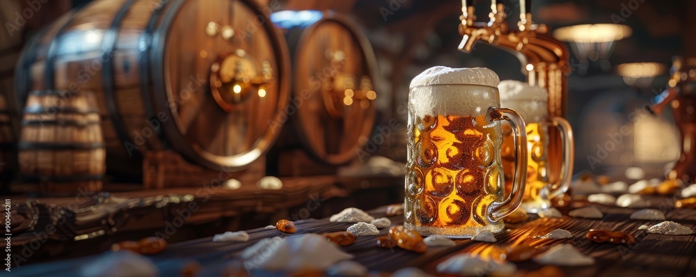 Wooden keg with a traditional tap pouring frothy beer into steins. Wooden keg with a traditional tap pouring frothy beer into steins.