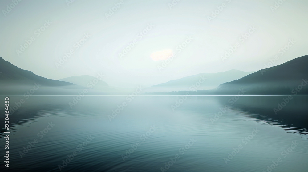 Lake and mountains covered with forest, white fog. Lake and mountains covered with forest, white fog.