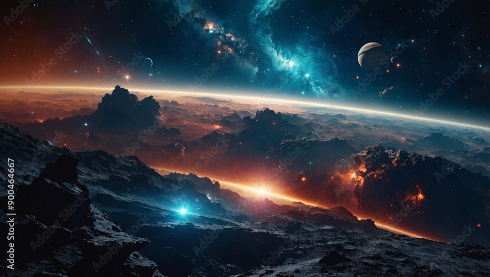 Science fiction space scene with star clusters and nebulae, beautiful cosmic landscape, high contrast Science fiction space scene with star clusters and nebulae, beautiful cosmic landscape, high contrast
