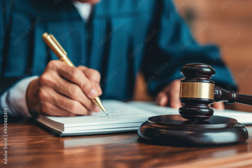A judge in a courtroom signing a legal document on the desk with a gavel nearby, emphasizing justice, law, and order. A judge in a courtroom signing a legal document on the desk with a gavel nearby, emphasizing justice, law, and order.