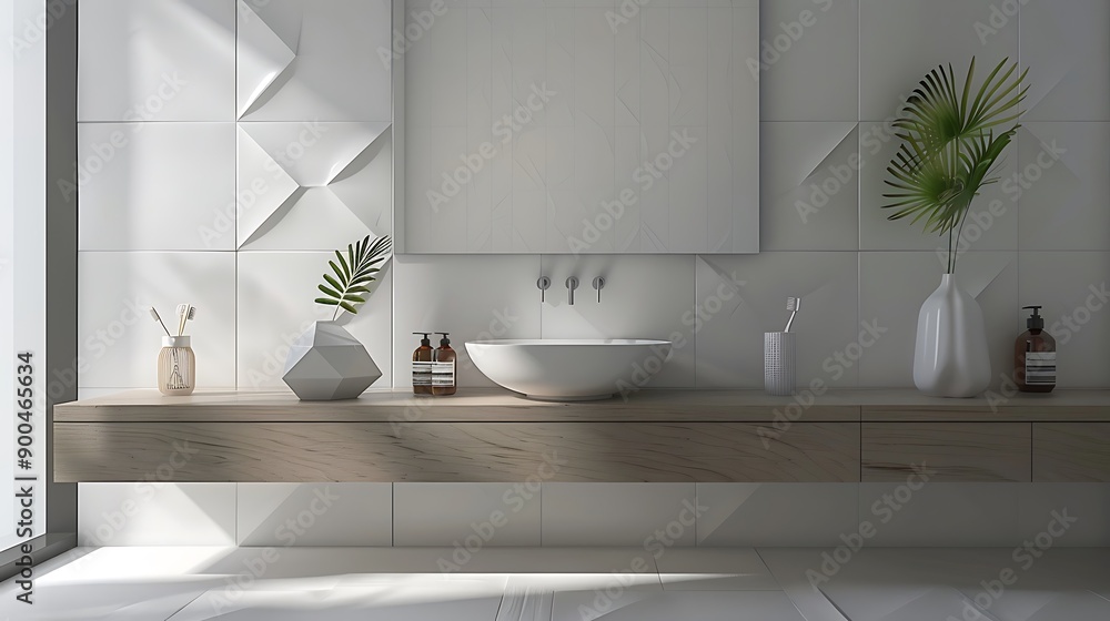 Fototapeta premium Minimalist washroom with floating vanity and geometric tiles 