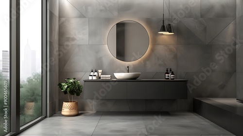 Minimalist washroom with floating vanity and geometric tiles 