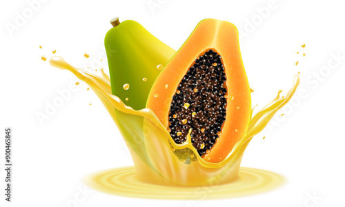 Natural fresh papaya in a splash of juice with drops. Tropical Fruits Papaya From Indonesia, Refreshing splash of juice with an papaya, realistic 3d vector illustration