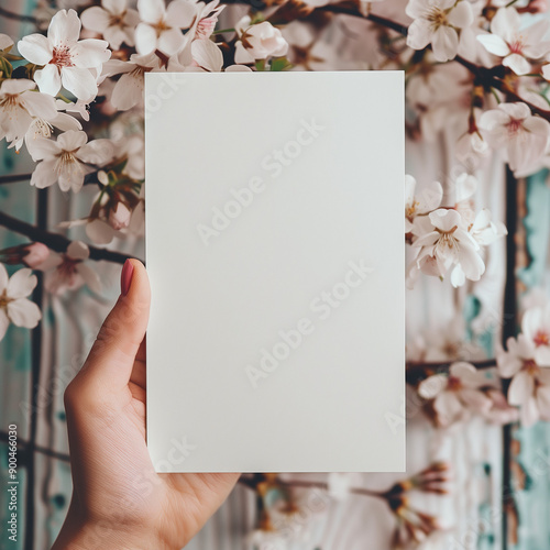 etsy listing image displaying a 5x7inch blank white page being held by a womans hand ,in the sakura style of handcrafted designs  photo