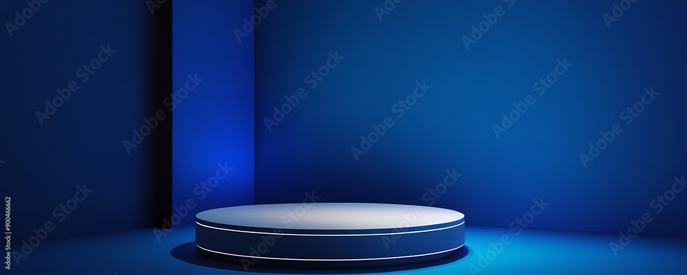 A minimalist blue podium illuminated by a spotlight on a blue background, perfect for product showcases, award ceremonies, or presentations A minimalist blue podium illuminated by a spotlight on a blue background, perfect for product showcases, award ceremonies, or presentations
