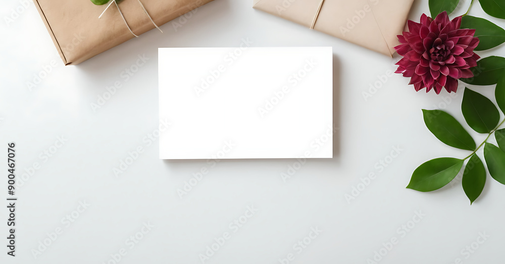 A blank card mockup with rustic gift boxes, a red flower, and green leaves, perfect for invitations, announcements, or product promotions. A blank card mockup with rustic gift boxes, a red flower, and green leaves, perfect for invitations, announcements, or product promotions.