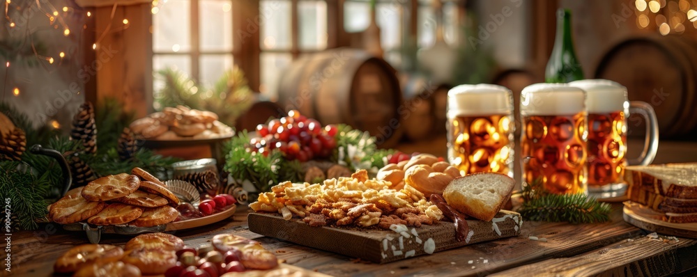 Rustic table set with Bavarian snacks, beer steins, and decorative items. Rustic table set with Bavarian snacks, beer steins, and decorative items.