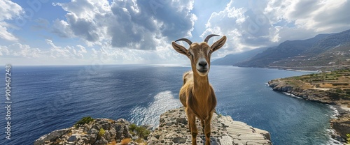 Goat and head of a goatling, sea, clouds, west coast, Sfinari, Chania province, Crete, Greece, Europe photo