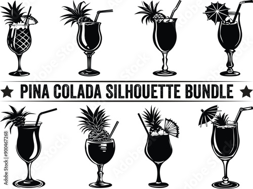 Pina colada silhouette bundle. Pina colada glyph icon. Footed glass with drink, slice of fruit and straw. Pina Colada summer cocktail with a piece of pineapple.