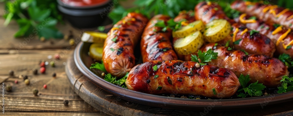 Plate of grilled sausages accompanied by pickles and mustard on a wooden table. Plate of grilled sausages accompanied by pickles and mustard on a wooden table.