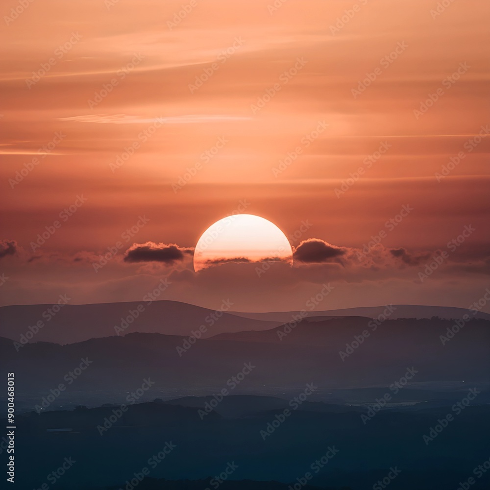 A majestic sunset with a large, partially hidden sun hanging low in an orange sky draped in clouds, casting a warm glow on the silhouetted hills in the foreground. A majestic sunset with a large, partially hidden sun hanging low in an orange sky draped in clouds, casting a warm glow on the silhouetted hills in the foreground.