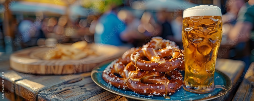 Plate of savory pretzels served with mustard and cheese at Oktoberfest. Plate of savory pretzels served with mustard and cheese at Oktoberfest.